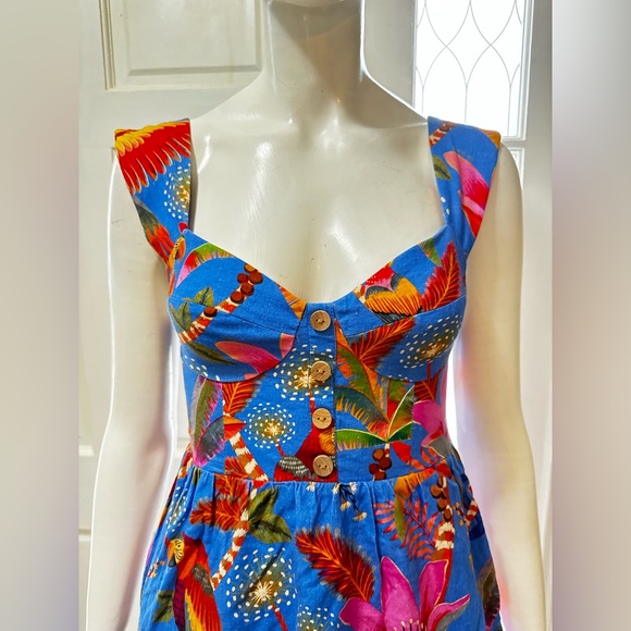 FARM RIO 100%Cotton Macaw Tropical Blue Floral Party Mini Dress Size XS - Picture 6 of 14